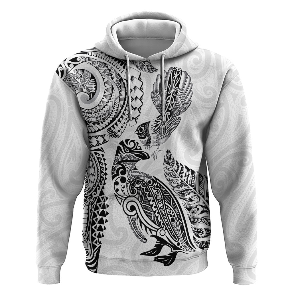 Aotearoa Moko Tribal Tattoo Hoodie New Zealand Maori Penguin and Fantail White Color LT03 Pullover Hoodie White - Polynesian Pride