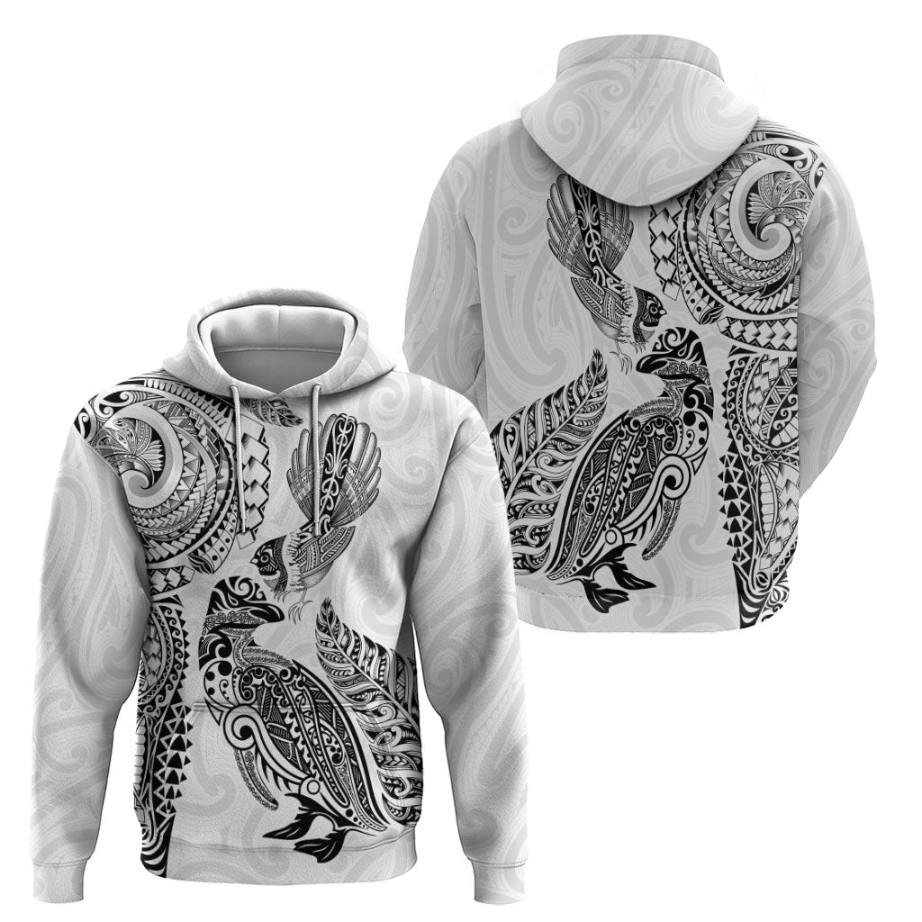 Aotearoa Moko Tribal Tattoo Hoodie New Zealand Maori Penguin and Fantail White Color LT03 - Polynesian Pride