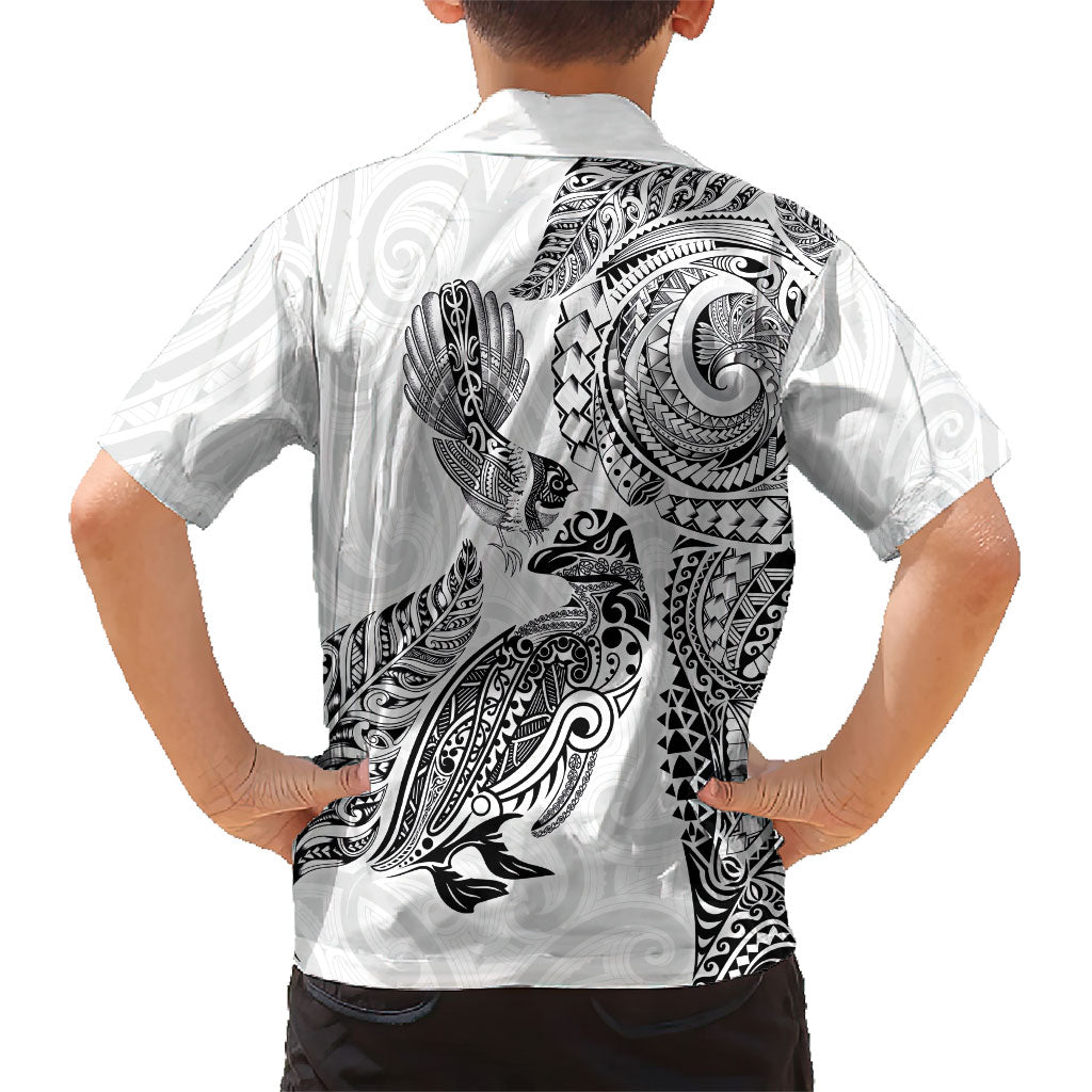 Aotearoa Moko Tribal Tattoo Kid Hawaiian Shirt New Zealand Maori Penguin and Fantail White Color LT03 - Polynesian Pride