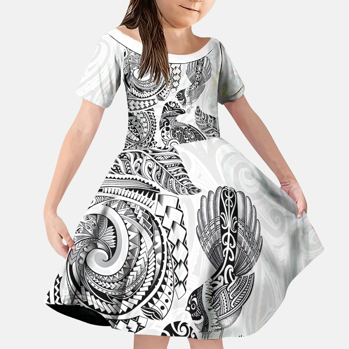 Aotearoa Moko Tribal Tattoo Kid Short Sleeve Dress New Zealand Maori Penguin and Fantail White Color