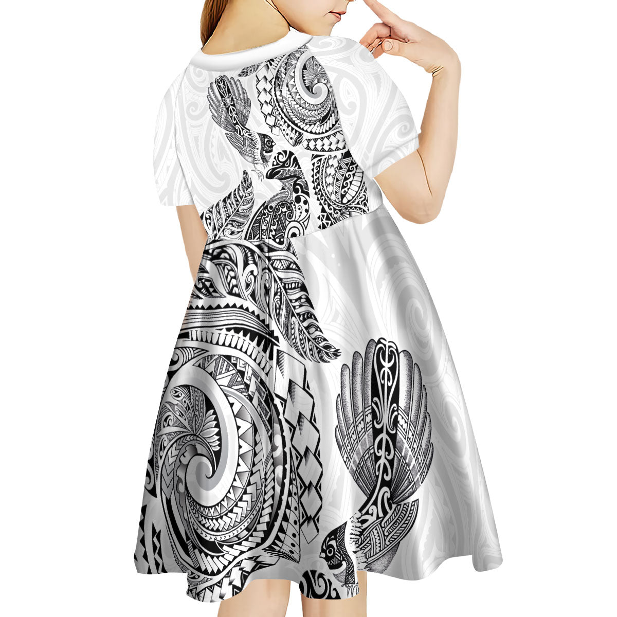 Aotearoa Moko Tribal Tattoo Kid Short Sleeve Dress New Zealand Maori Penguin and Fantail White Color LT03 - Polynesian Pride
