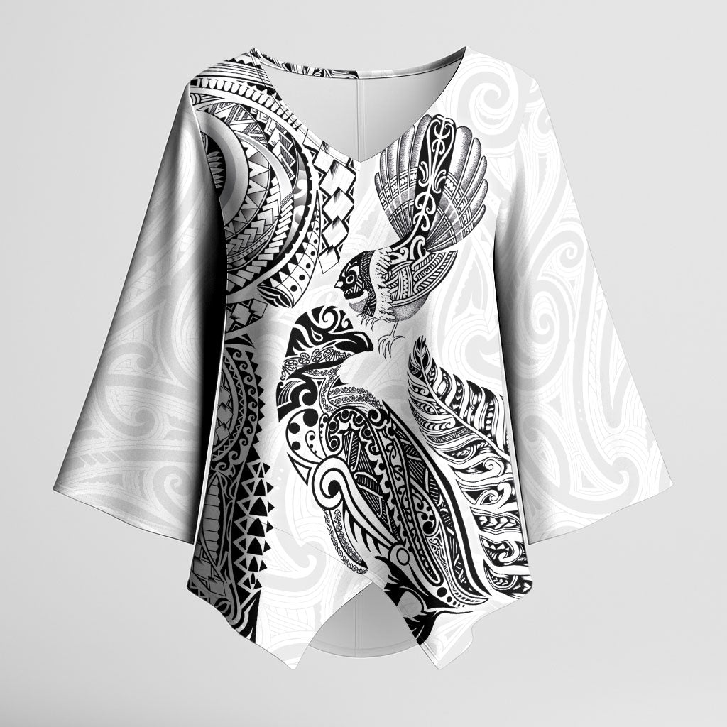 Aotearoa Moko Tribal Tattoo Kimono Sleeve Blouse New Zealand Maori Penguin and Fantail White Color LT03 Female White - Polynesian Pride