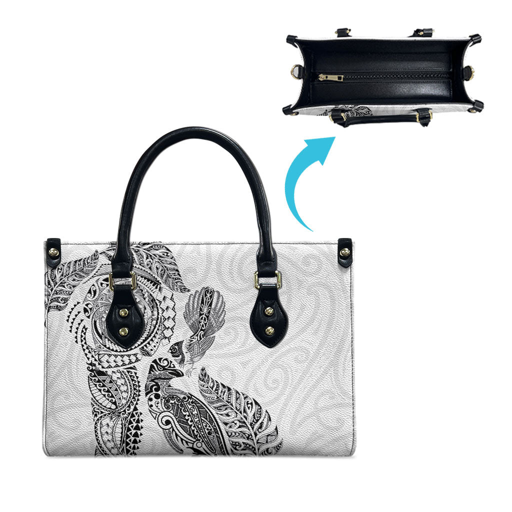 Aotearoa Moko Tribal Tattoo Leather Bag New Zealand Maori Penguin and Fantail White Color LT03 - Polynesian Pride