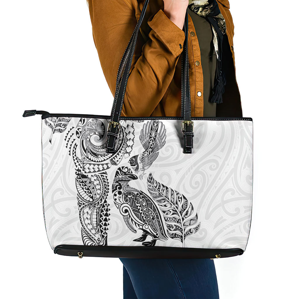 Aotearoa Moko Tribal Tattoo Leather Tote Bag New Zealand Maori Penguin and Fantail White Color LT03 - Polynesian Pride