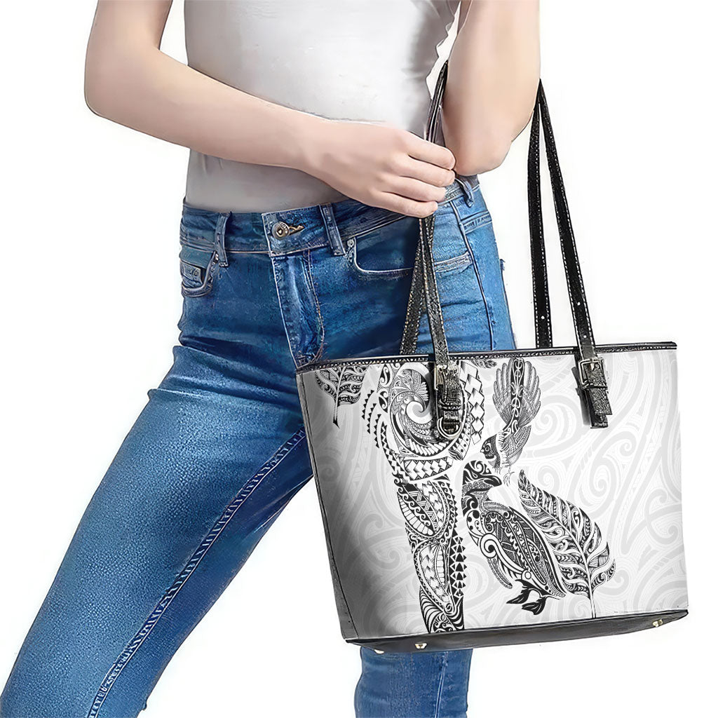 Aotearoa Moko Tribal Tattoo Leather Tote Bag New Zealand Maori Penguin and Fantail White Color LT03 - Polynesian Pride