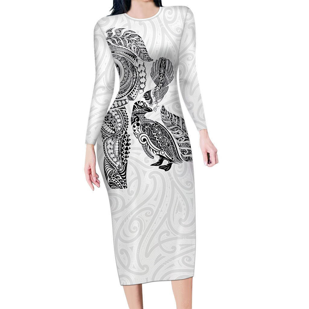 Aotearoa Moko Tribal Tattoo Long Sleeve Bodycon Dress New Zealand Maori Penguin and Fantail White Color LT03 Long Dress White - Polynesian Pride