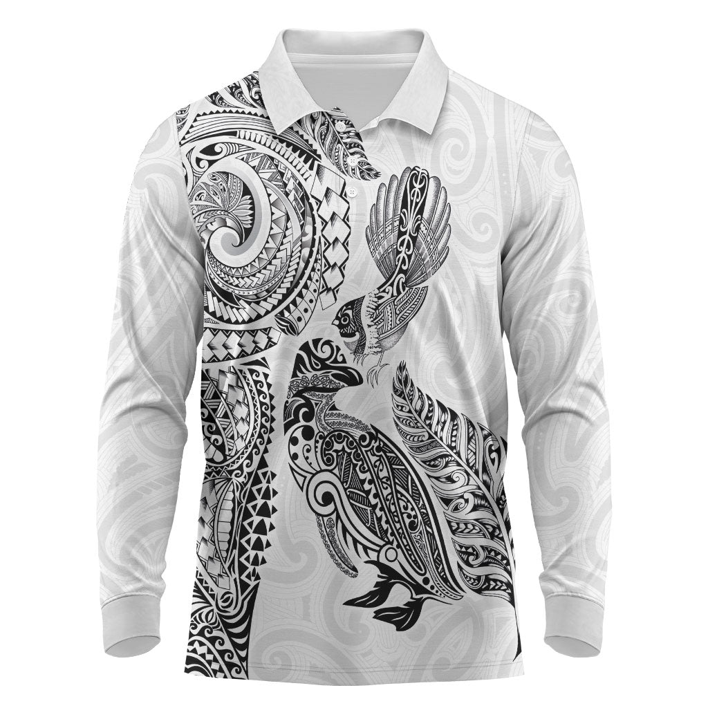Aotearoa Moko Tribal Tattoo Long Sleeve Polo Shirt New Zealand Maori Penguin and Fantail White Color