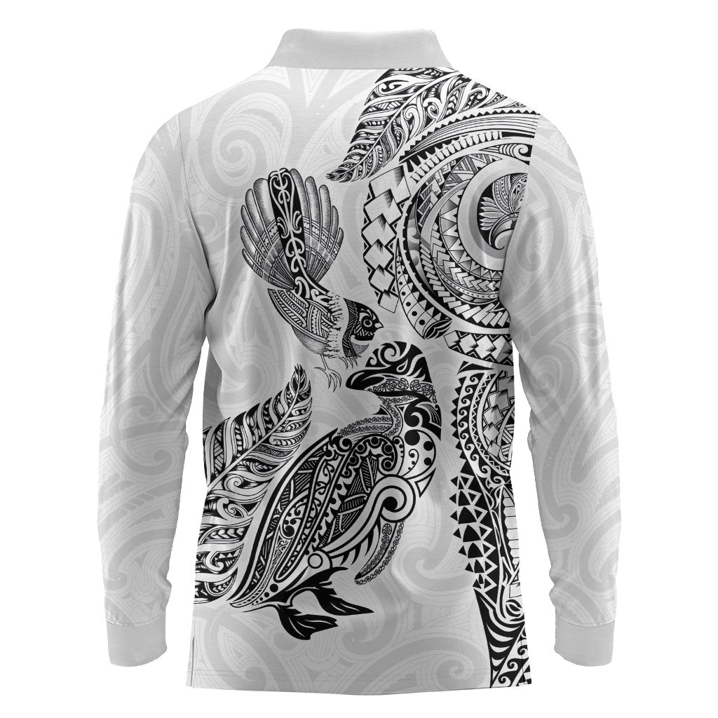 Aotearoa Moko Tribal Tattoo Long Sleeve Polo Shirt New Zealand Maori Penguin and Fantail White Color LT03 - Polynesian Pride