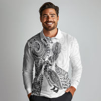 Aotearoa Moko Tribal Tattoo Long Sleeve Polo Shirt New Zealand Maori Penguin and Fantail White Color LT03 - Polynesian Pride
