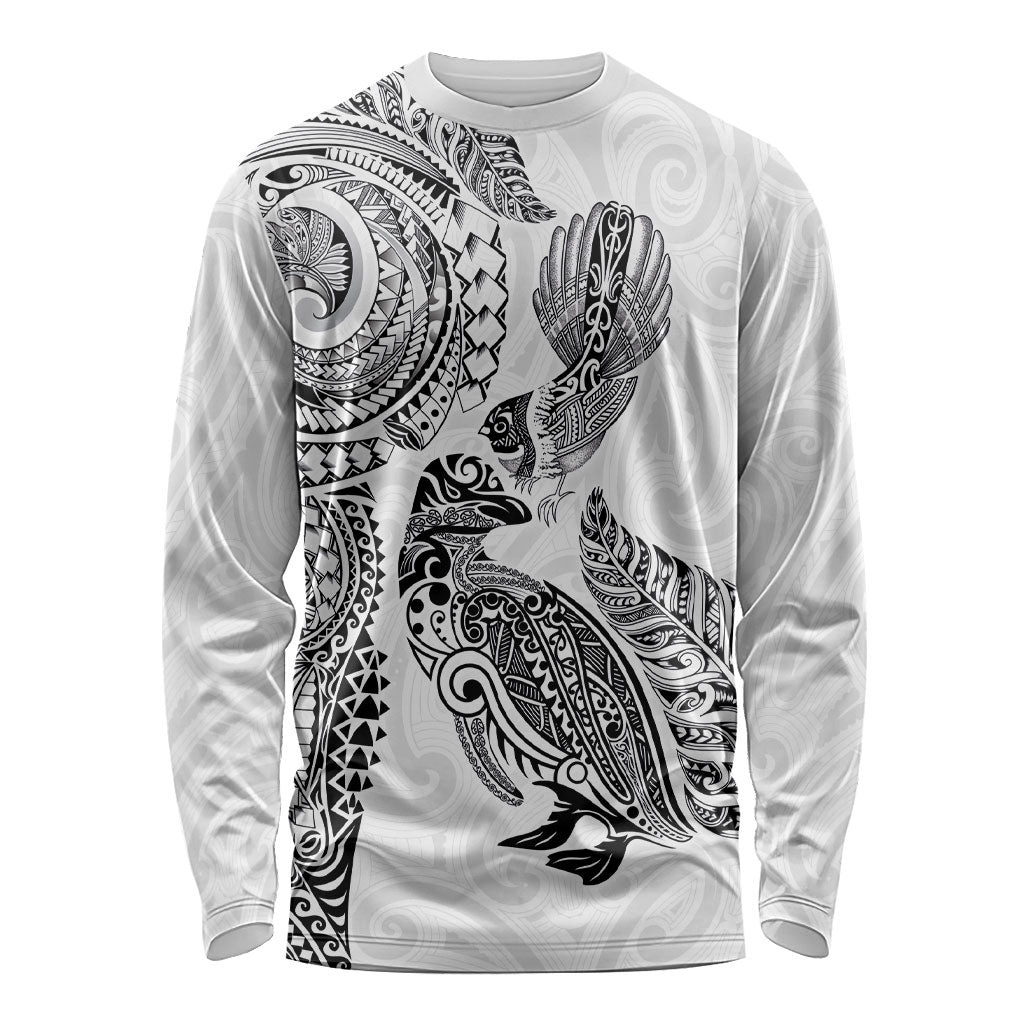 Aotearoa Moko Tribal Tattoo Long Sleeve Shirt New Zealand Maori Penguin and Fantail White Color LT03 Unisex White - Polynesian Pride