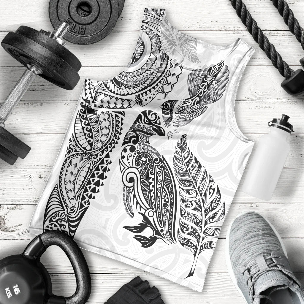Aotearoa Moko Tribal Tattoo Men Tank Top New Zealand Maori Penguin and Fantail White Color LT03 - Polynesian Pride