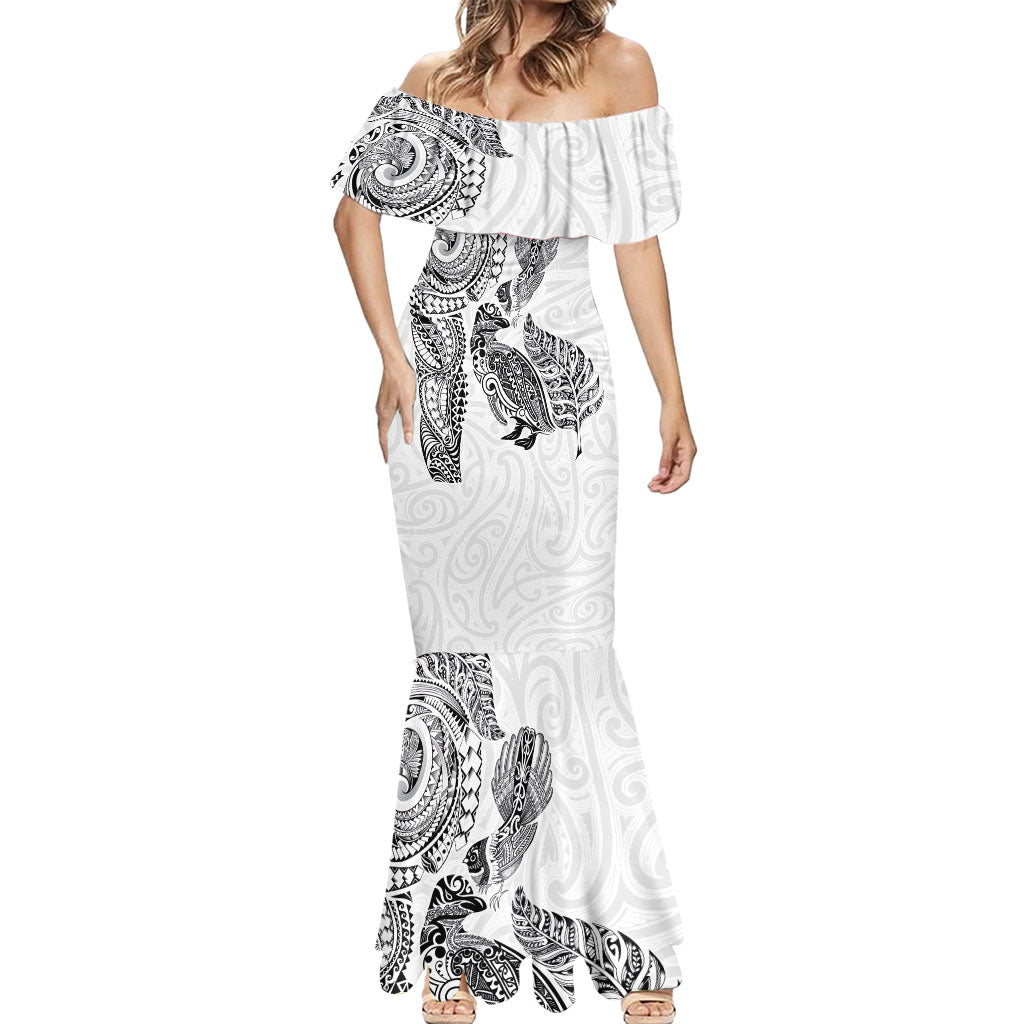 Aotearoa Moko Tribal Tattoo Mermaid Dress New Zealand Maori Penguin and Fantail White Color LT03 - Polynesian Pride