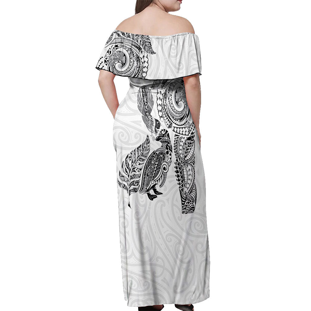 Aotearoa Moko Tribal Tattoo Off Shoulder Maxi Dress New Zealand Maori Penguin and Fantail White Color LT03 - Polynesian Pride