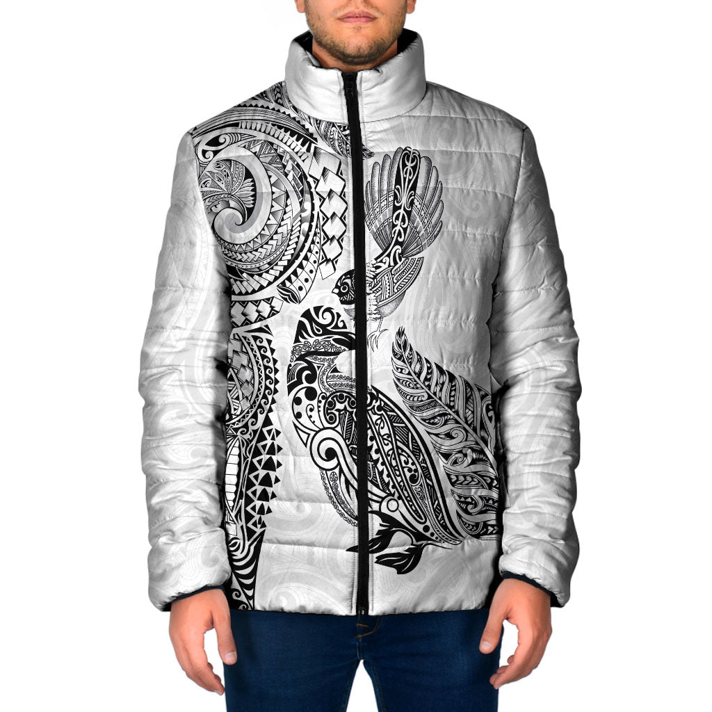 Aotearoa Moko Tribal Tattoo Padded Jacket New Zealand Maori Penguin and Fantail White Color