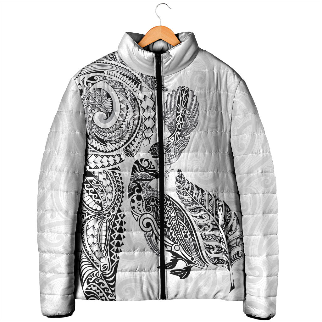 Aotearoa Moko Tribal Tattoo Padded Jacket New Zealand Maori Penguin and Fantail White Color LT03 - Polynesian Pride