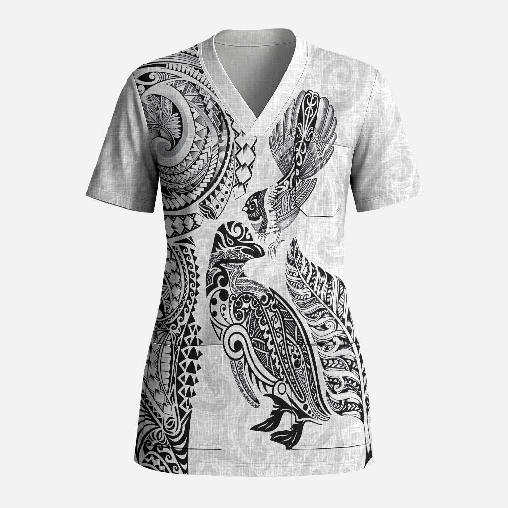 Aotearoa Moko Tribal Tattoo Scrub Top New Zealand Maori Penguin and Fantail White Color LT03 Adult White - Polynesian Pride