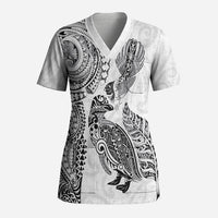 Aotearoa Moko Tribal Tattoo Scrub Top New Zealand Maori Penguin and Fantail White Color LT03 Adult White - Polynesian Pride