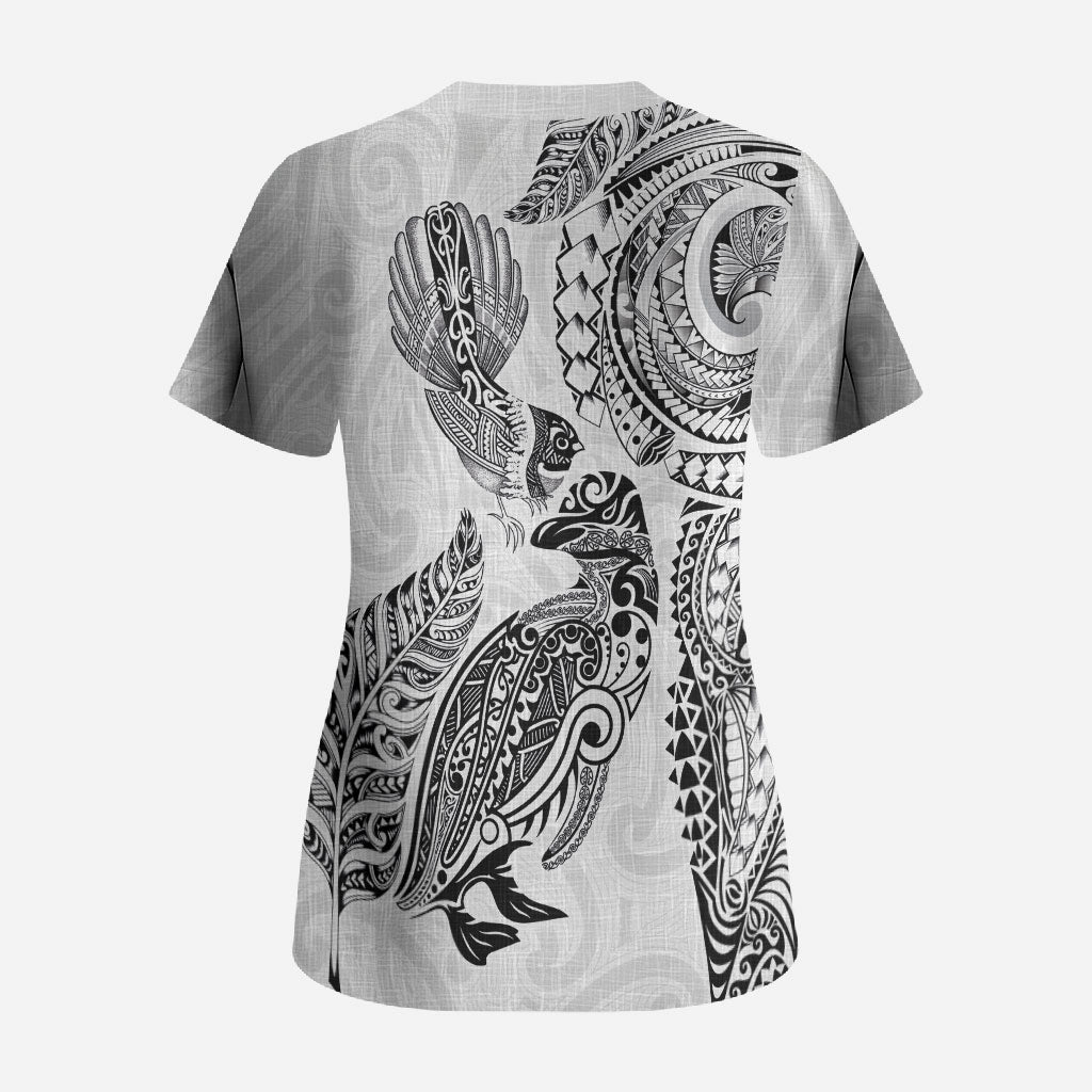 Aotearoa Moko Tribal Tattoo Scrub Top New Zealand Maori Penguin and Fantail White Color LT03 - Polynesian Pride