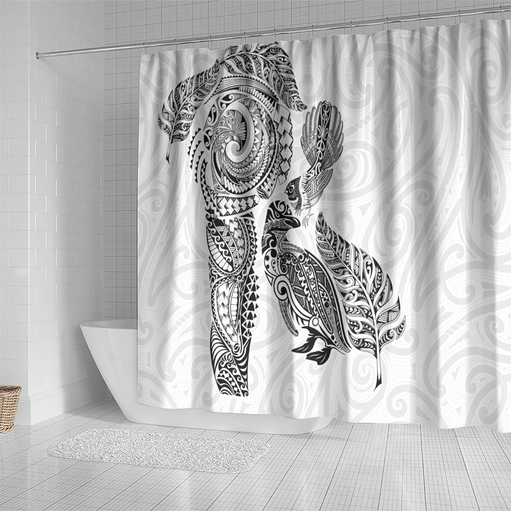 Aotearoa Moko Tribal Tattoo Shower Curtain New Zealand Maori Penguin and Fantail White Color LT03 - Polynesian Pride