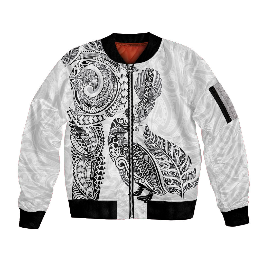 Aotearoa Moko Tribal Tattoo Sleeve Zip Bomber Jacket New Zealand Maori Penguin and Fantail White Color LT03 Unisex White - Polynesian Pride