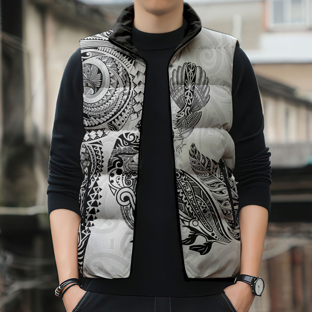 Aotearoa Moko Tribal Tattoo Sleeveless Puffer Jacket New Zealand Maori Penguin and Fantail White Color LT03 - Polynesian Pride