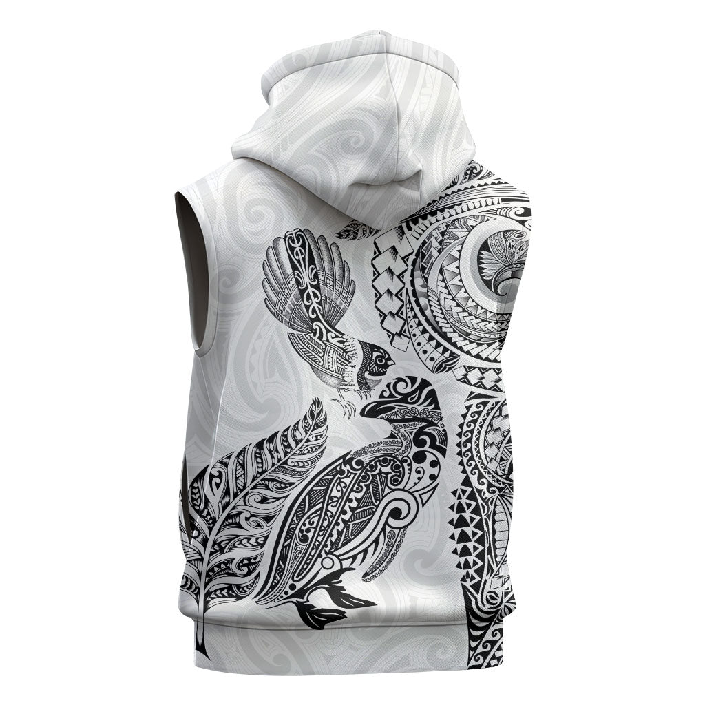 Aotearoa Moko Tribal Tattoo Sleeveless Zip Hoodie New Zealand Maori Penguin and Fantail White Color LT03 - Polynesian Pride