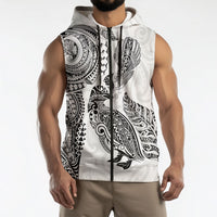 Aotearoa Moko Tribal Tattoo Sleeveless Zip Hoodie New Zealand Maori Penguin and Fantail White Color LT03 - Polynesian Pride