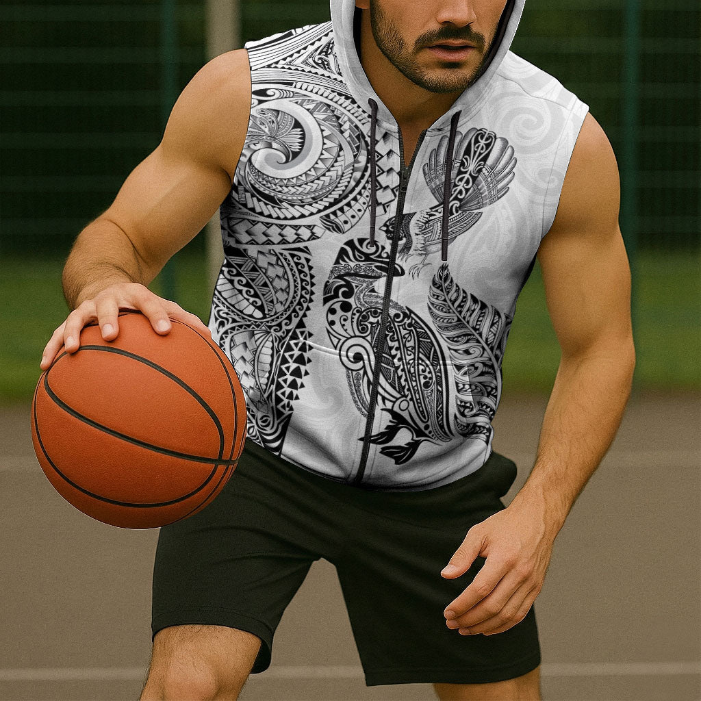Aotearoa Moko Tribal Tattoo Sleeveless Zip Hoodie New Zealand Maori Penguin and Fantail White Color LT03 - Polynesian Pride