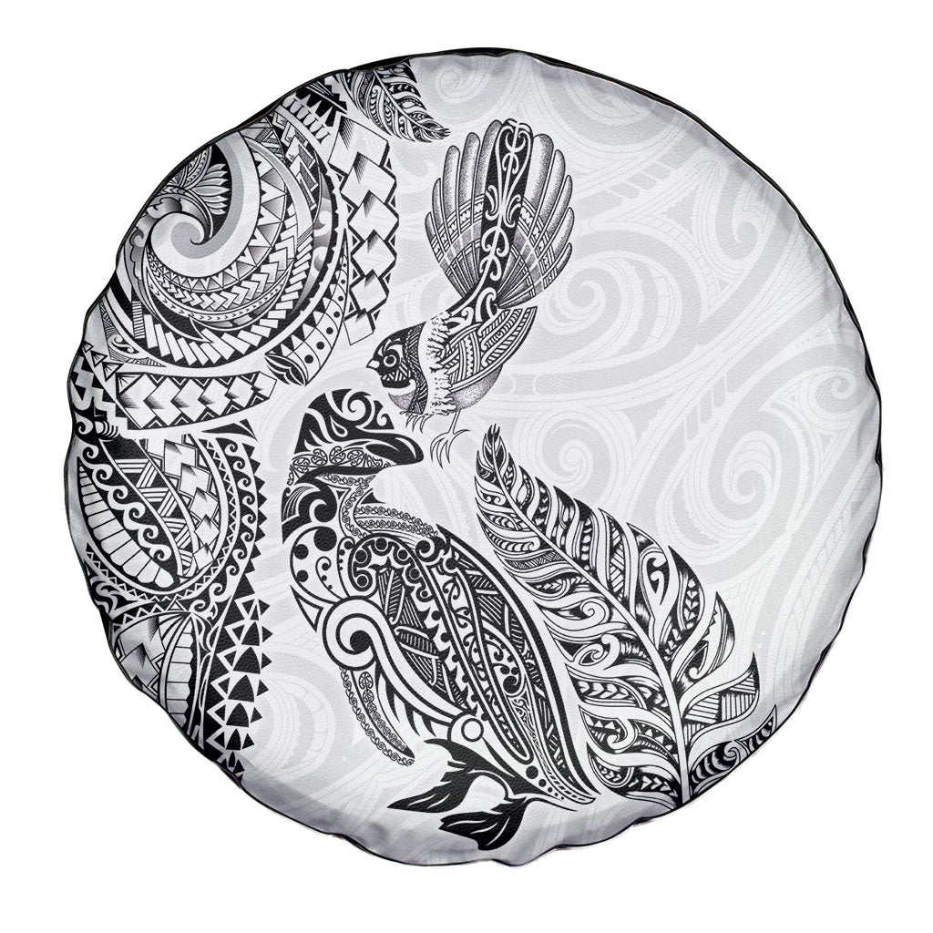 Aotearoa Moko Tribal Tattoo Spare Tire Cover New Zealand Maori Penguin and Fantail White Color LT03 - Polynesian Pride