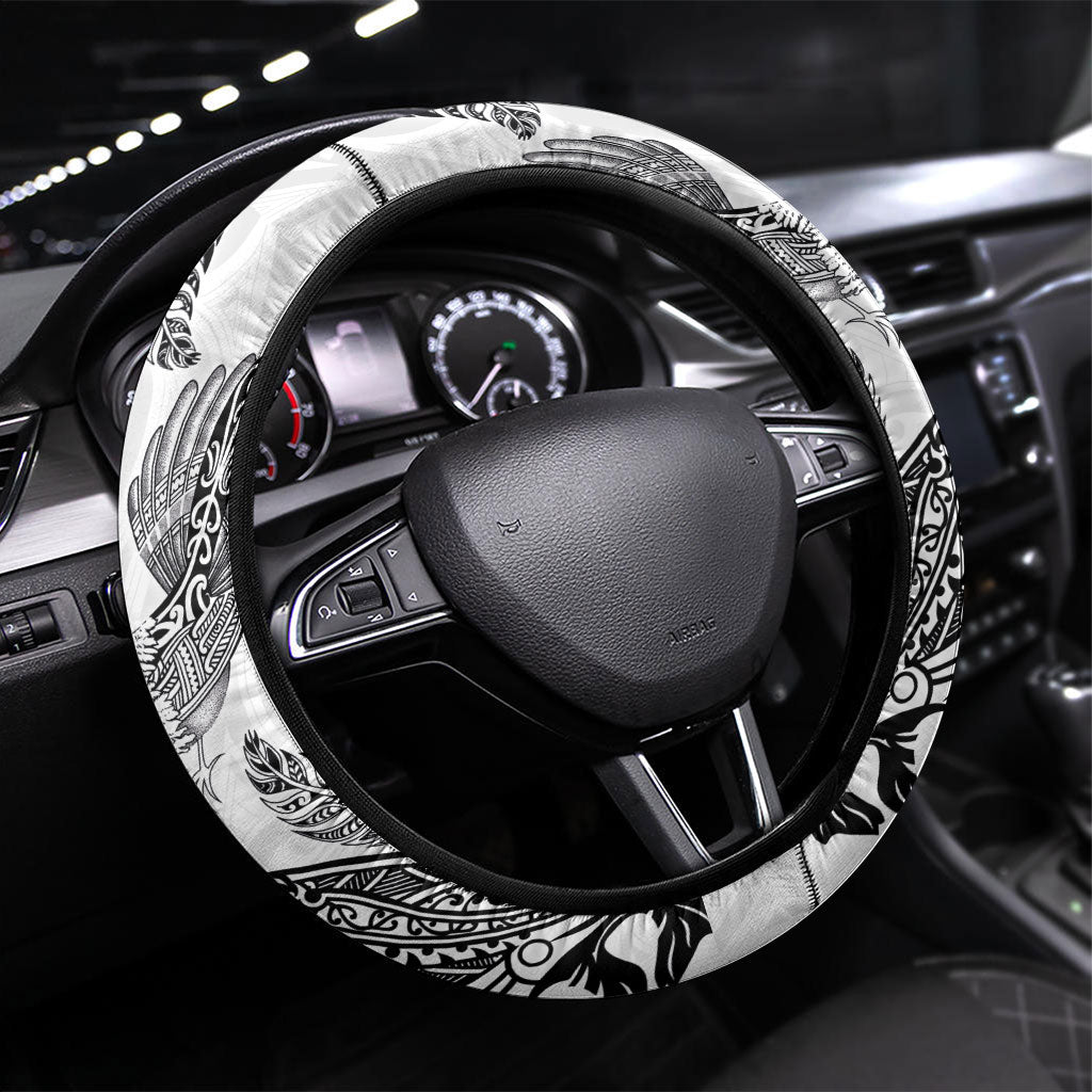 Aotearoa Moko Tribal Tattoo Steering Wheel Cover New Zealand Maori Penguin and Fantail White Color LT03 Universal Fit White - Polynesian Pride