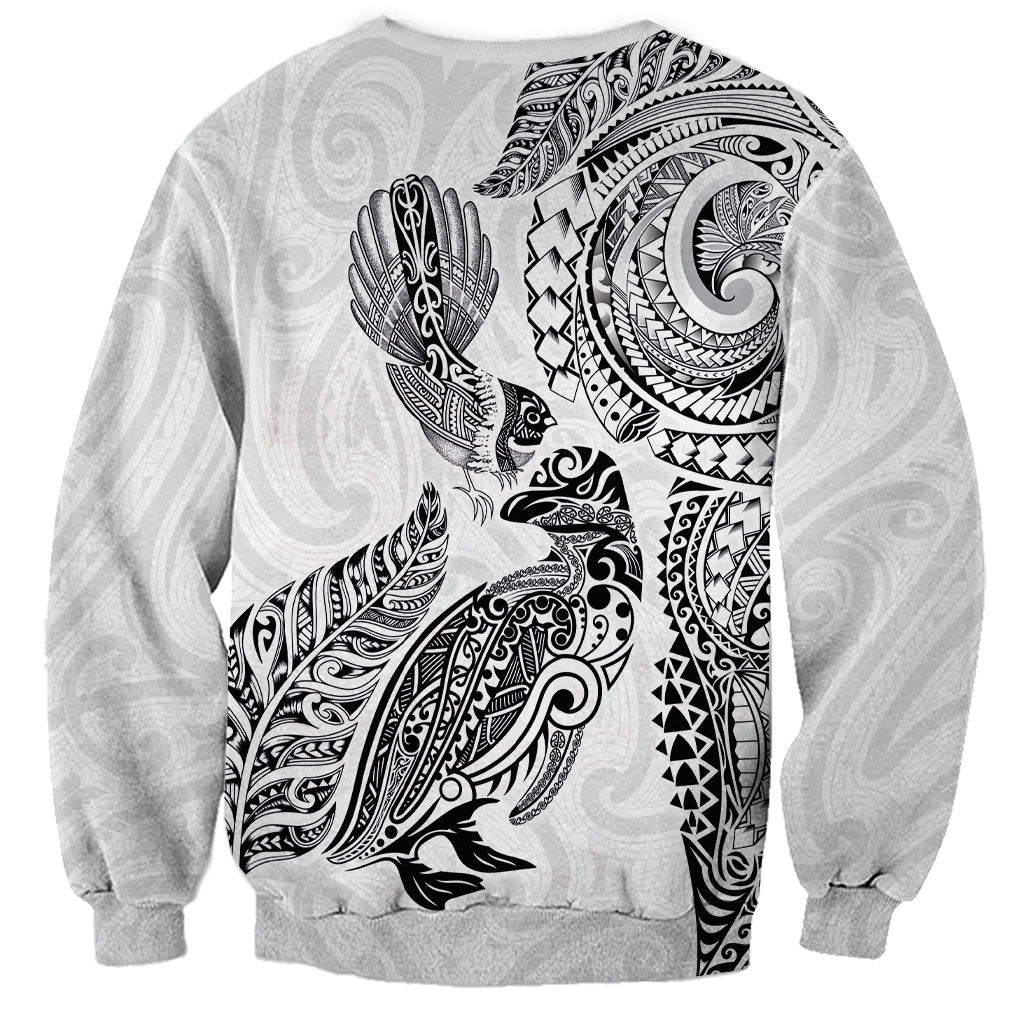 Aotearoa Moko Tribal Tattoo Sweatshirt New Zealand Maori Penguin and Fantail White Color LT03 - Polynesian Pride