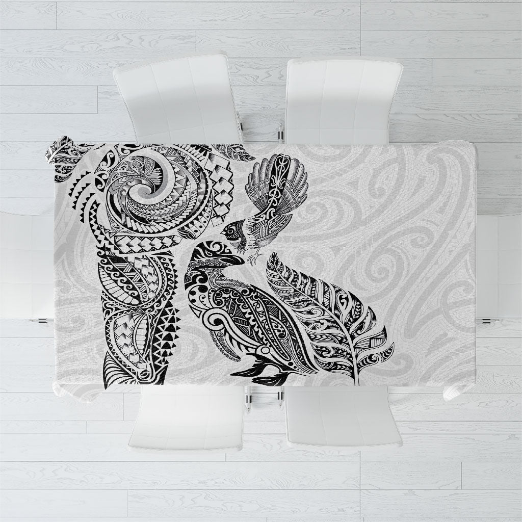 Aotearoa Moko Tribal Tattoo Tablecloth New Zealand Maori Penguin and Fantail White Color LT03 White - Polynesian Pride