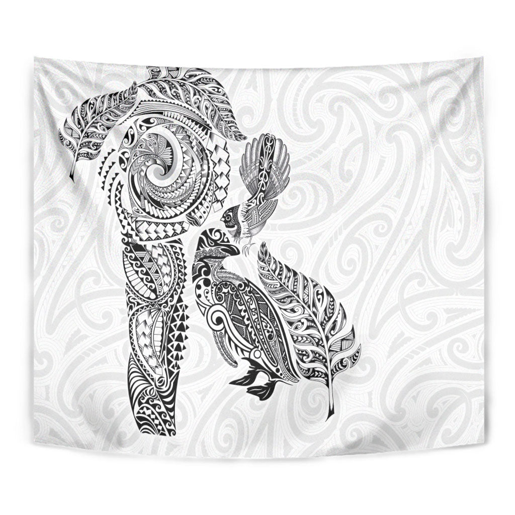 Aotearoa Moko Tribal Tattoo Tapestry New Zealand Maori Penguin and Fantail White Color LT03 - Polynesian Pride