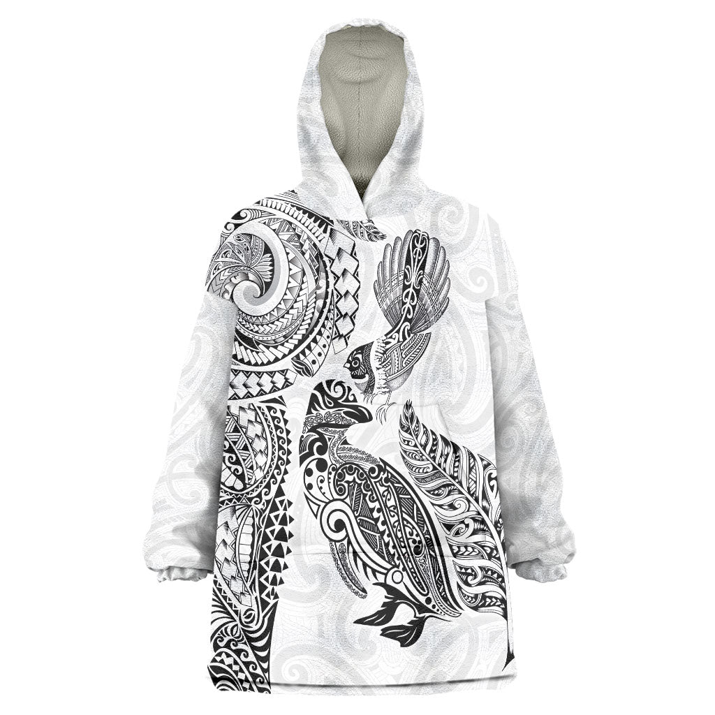 Aotearoa Moko Tribal Tattoo Wearable Blanket Hoodie New Zealand Maori Penguin and Fantail White Color LT03 One Size White - Polynesian Pride