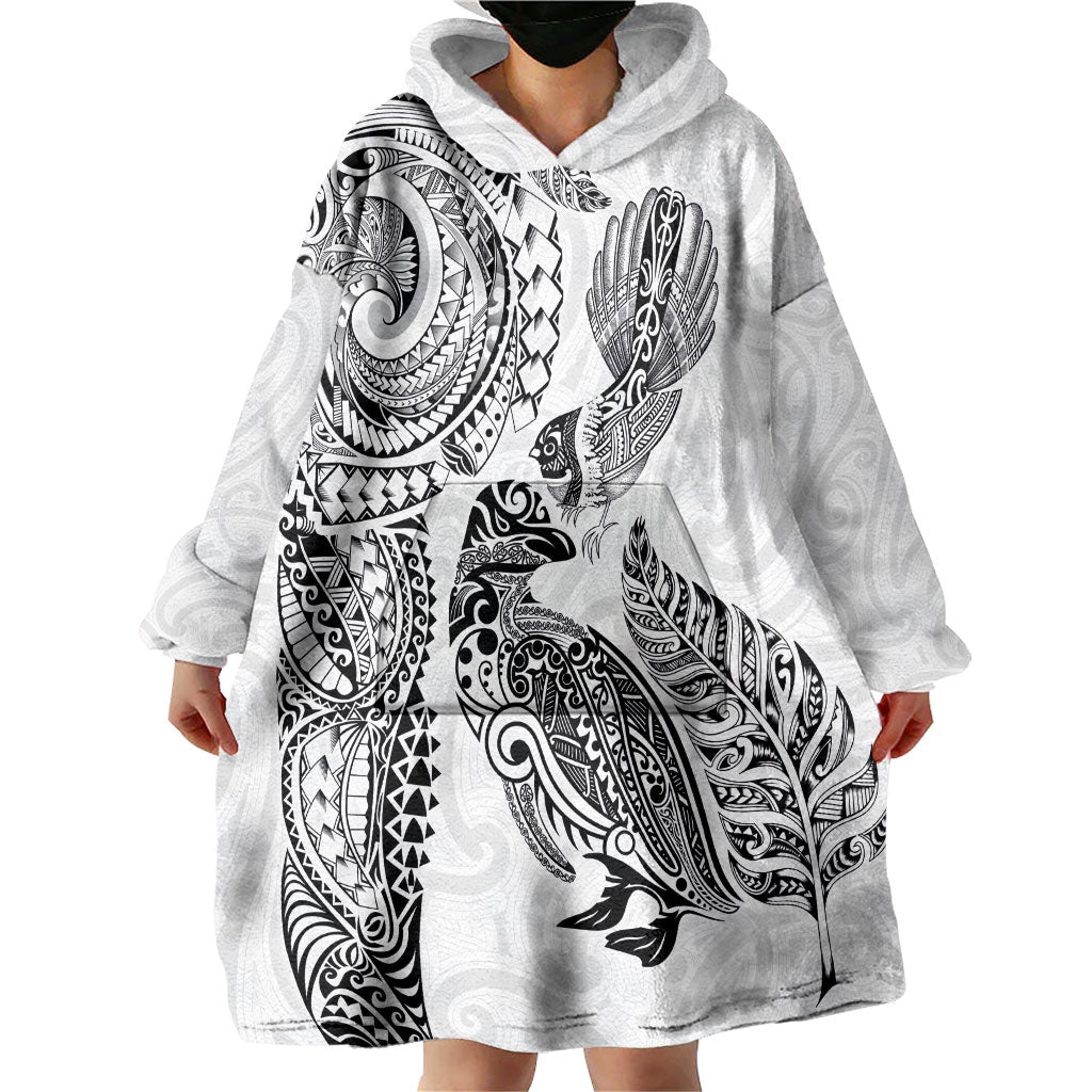 Aotearoa Moko Tribal Tattoo Wearable Blanket Hoodie New Zealand Maori Penguin and Fantail White Color LT03 - Polynesian Pride
