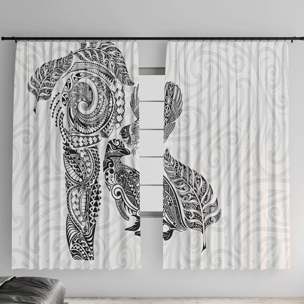 Aotearoa Moko Tribal Tattoo Window Curtain New Zealand Maori Penguin and Fantail White Color