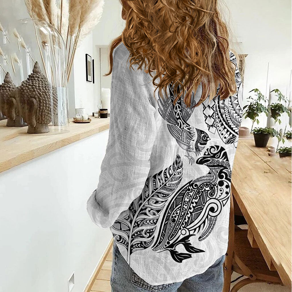Aotearoa Moko Tribal Tattoo Women Casual Shirt New Zealand Maori Penguin and Fantail White Color LT03 - Polynesian Pride