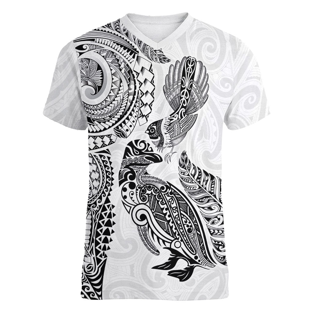 Aotearoa Moko Tribal Tattoo Women V-Neck T-Shirt New Zealand Maori Penguin and Fantail White Color LT03 Female White - Polynesian Pride