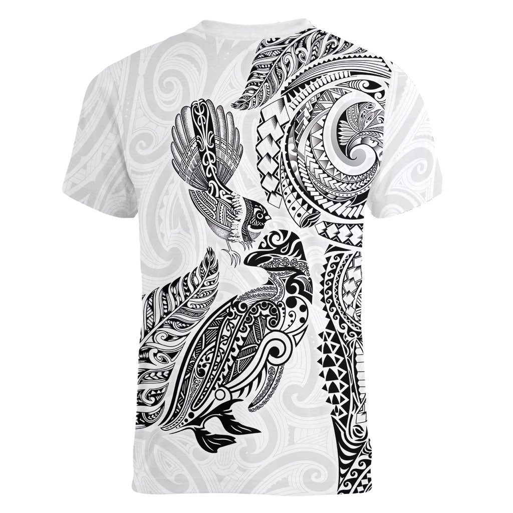 Aotearoa Moko Tribal Tattoo Women V-Neck T-Shirt New Zealand Maori Penguin and Fantail White Color LT03 - Polynesian Pride