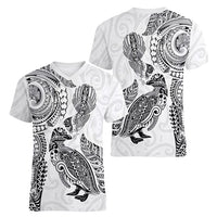 Aotearoa Moko Tribal Tattoo Women V-Neck T-Shirt New Zealand Maori Penguin and Fantail White Color LT03 - Polynesian Pride