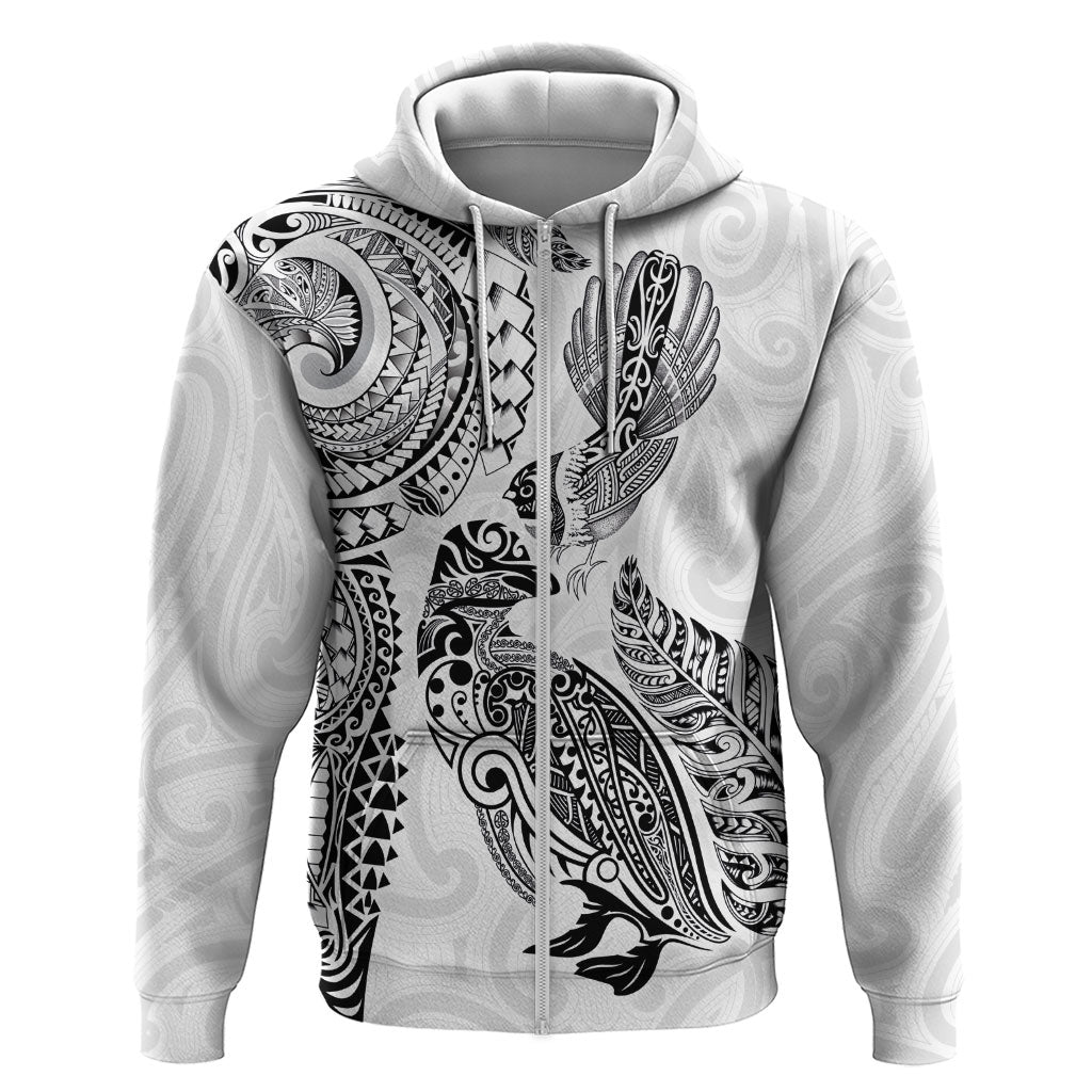 Aotearoa Moko Tribal Tattoo Zip Hoodie New Zealand Maori Penguin and Fantail White Color LT03 Zip Hoodie White - Polynesian Pride