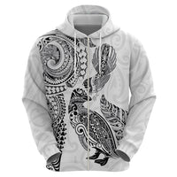 Aotearoa Moko Tribal Tattoo Zip Hoodie New Zealand Maori Penguin and Fantail White Color LT03 - Polynesian Pride