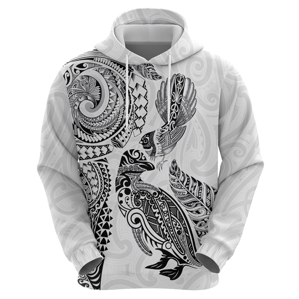 Aotearoa Moko Tribal Tattoo Zip Hoodie New Zealand Maori Penguin and Fantail White Color LT03 - Polynesian Pride