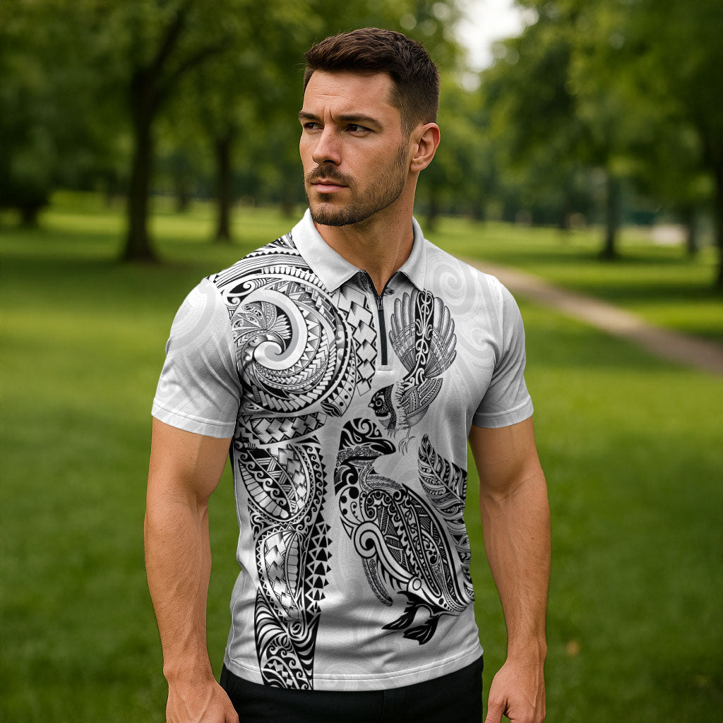 Aotearoa Moko Tribal Tattoo Zipper Polo Shirt New Zealand Maori Penguin and Fantail White Color LT03 - Polynesian Pride