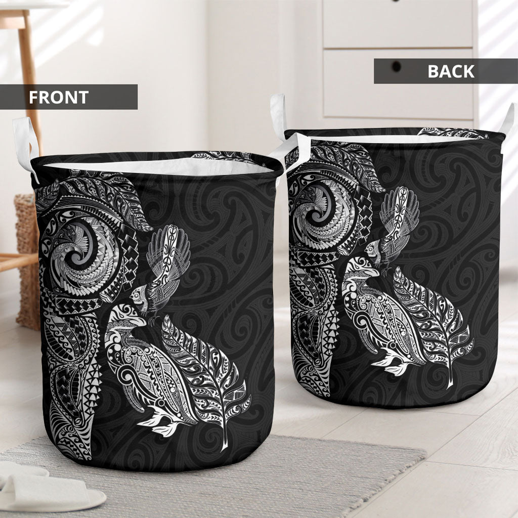 Aotearoa Moko Tribal Tattoo Laundry Basket New Zealand Maori Penguin and Fantail Black Color LT03 - Polynesian Pride