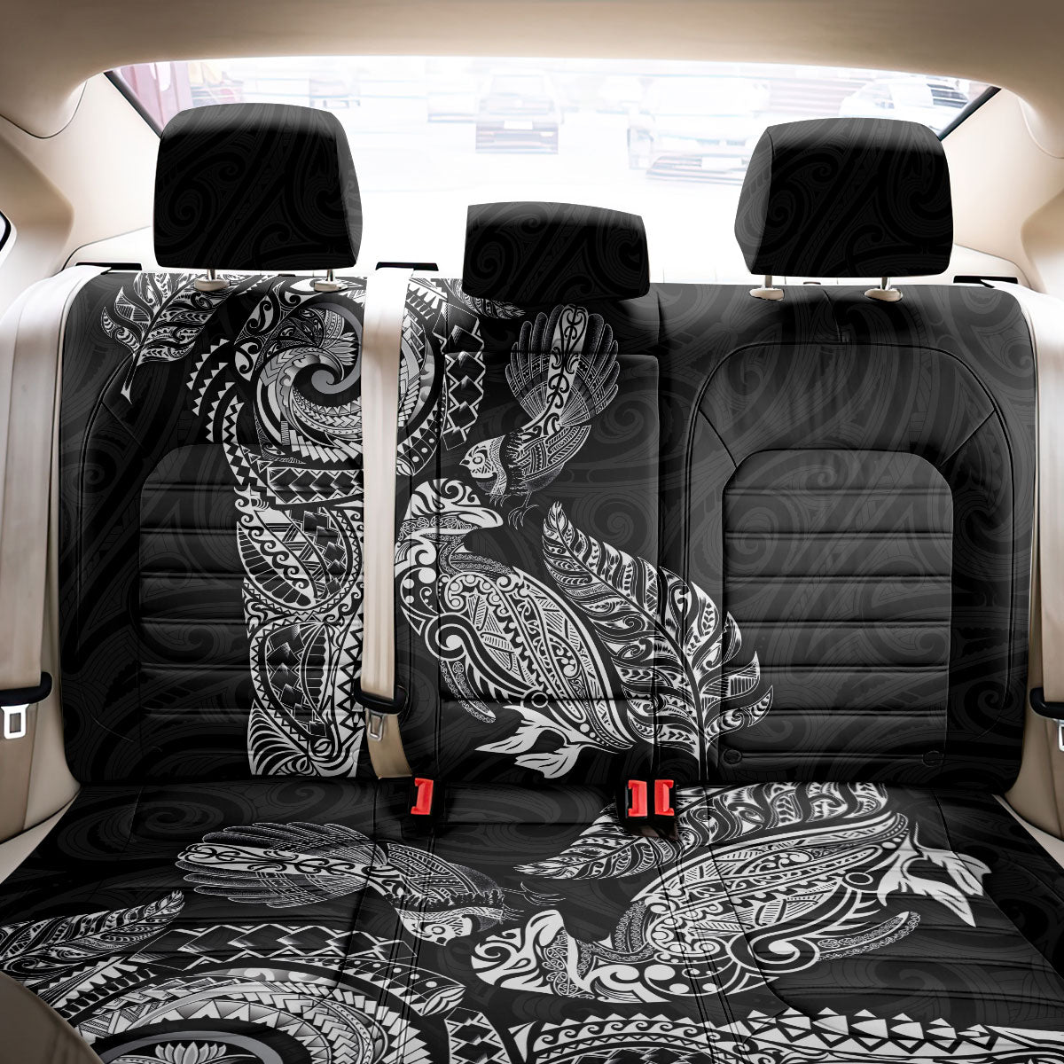Aotearoa Moko Tribal Tattoo Back Car Seat Cover New Zealand Maori Penguin and Fantail Black Color LT03 - Polynesian Pride