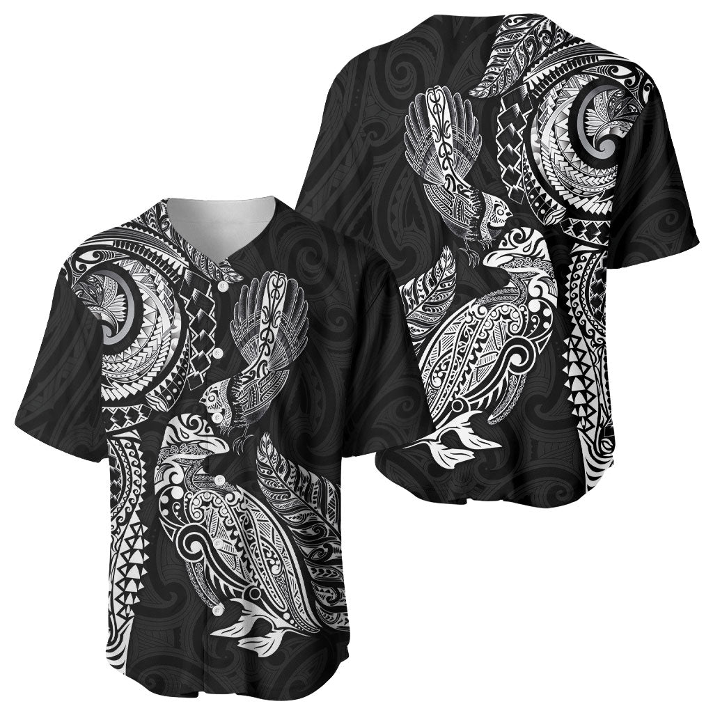 Aotearoa Moko Tribal Tattoo Baseball Jersey New Zealand Maori Penguin and Fantail Black Color LT03 - Polynesian Pride