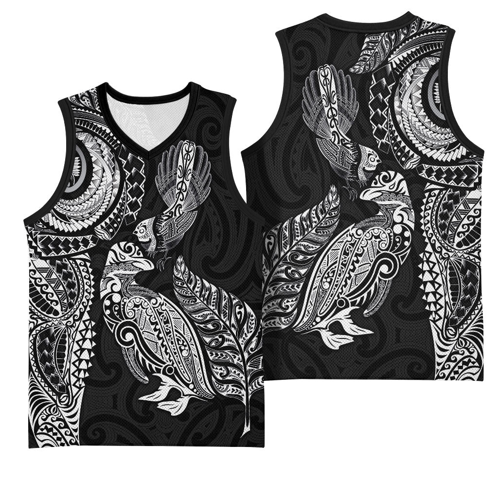 Aotearoa Moko Tribal Tattoo Basketball Jersey New Zealand Maori Penguin and Fantail Black Color LT03 - Polynesian Pride