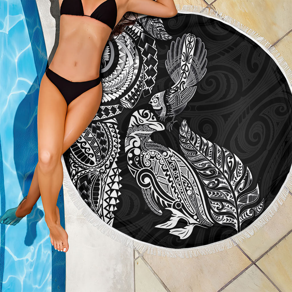Aotearoa Moko Tribal Tattoo Beach Blanket New Zealand Maori Penguin and Fantail Black Color LT03 - Polynesian Pride