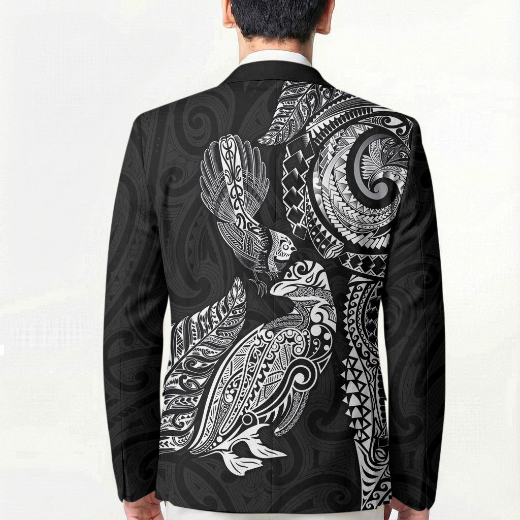 Aotearoa Moko Tribal Tattoo Blazer New Zealand Maori Penguin and Fantail Black Color LT03 - Polynesian Pride